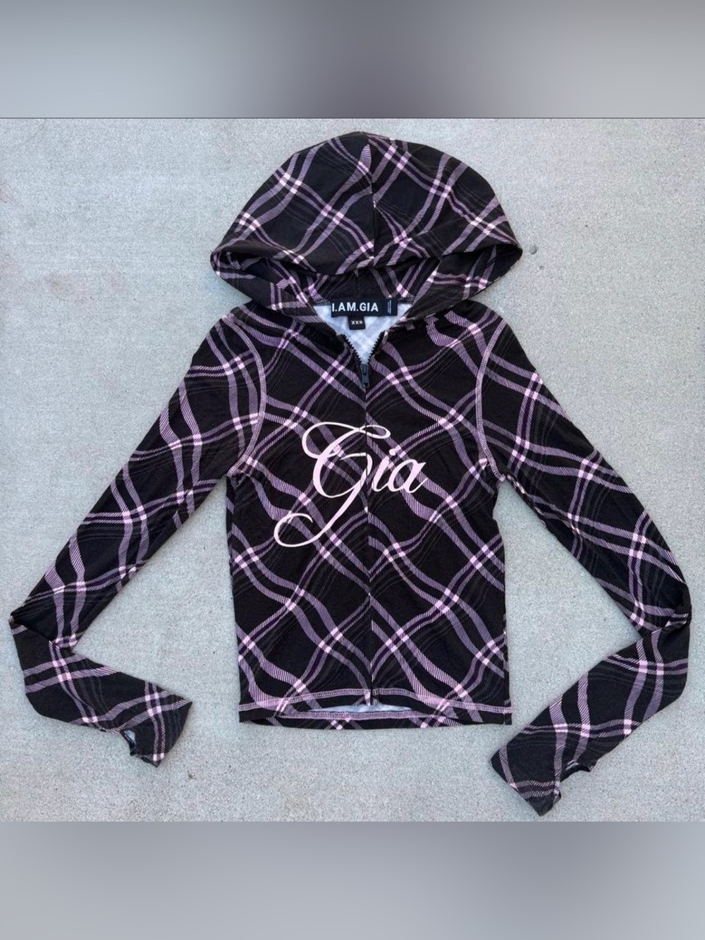 I.AM.GIA Blare Hoodie in Warped Plaid Zip-up Black & Pink Womenâs Size XXS